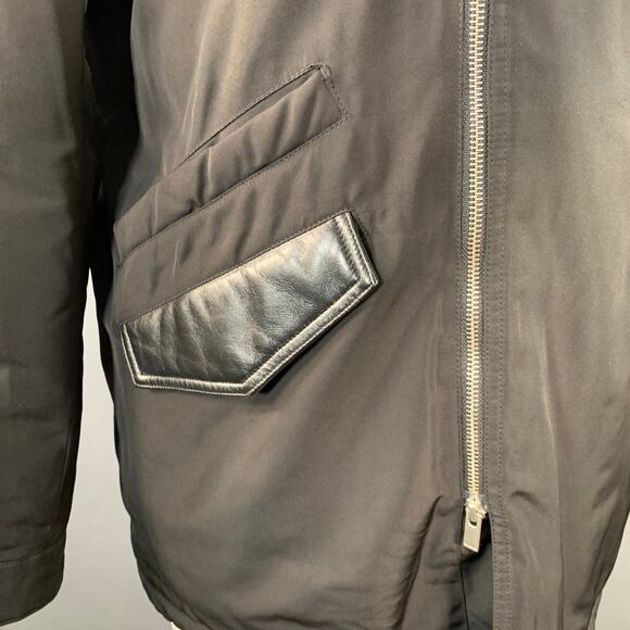 THE KOOPLES Size XL Black Polyester Leather Trim Hooded Coat - Picture 2 of 10